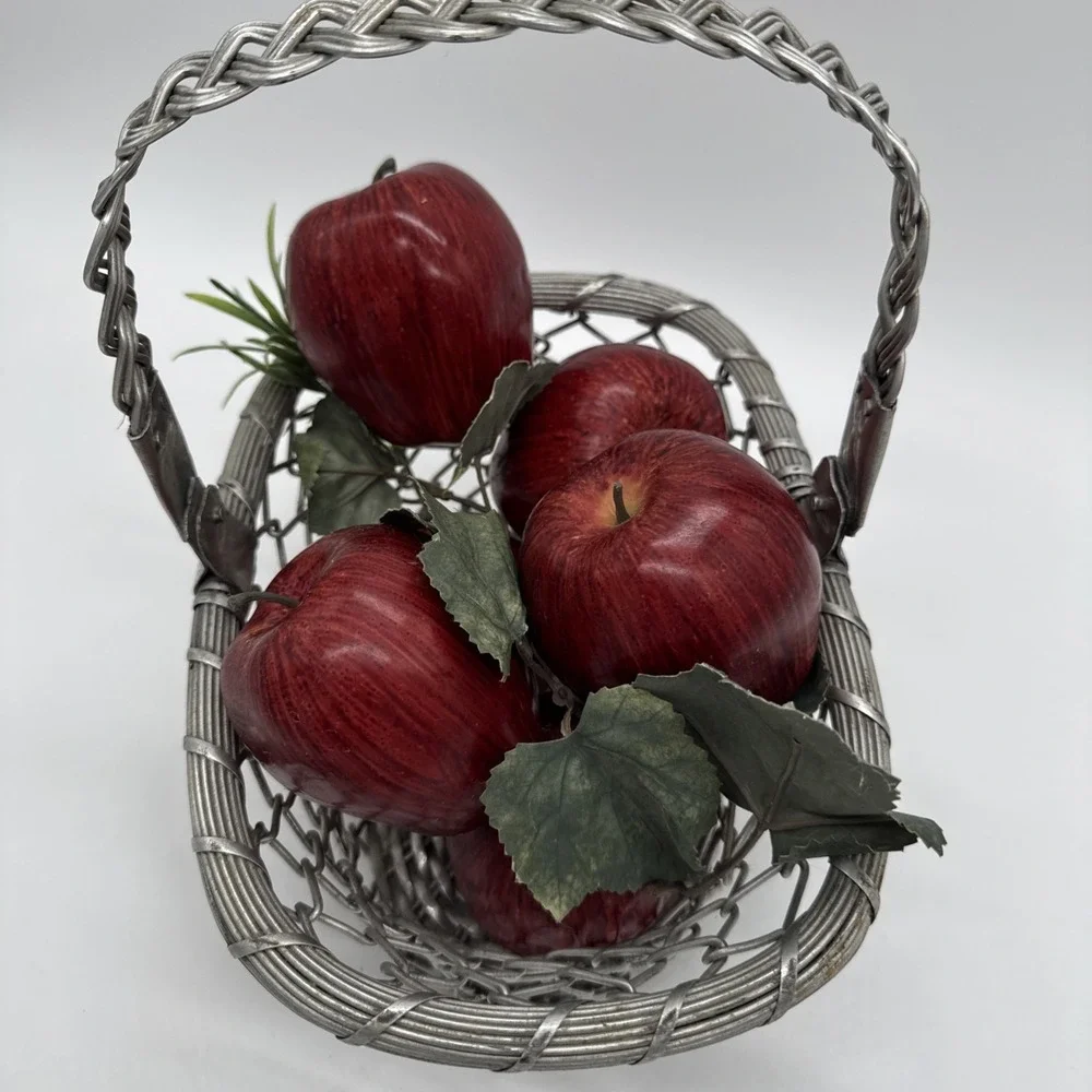 Silver Basket Woven Metal Hinged Handle Natural Patina India W/ Faux Apples